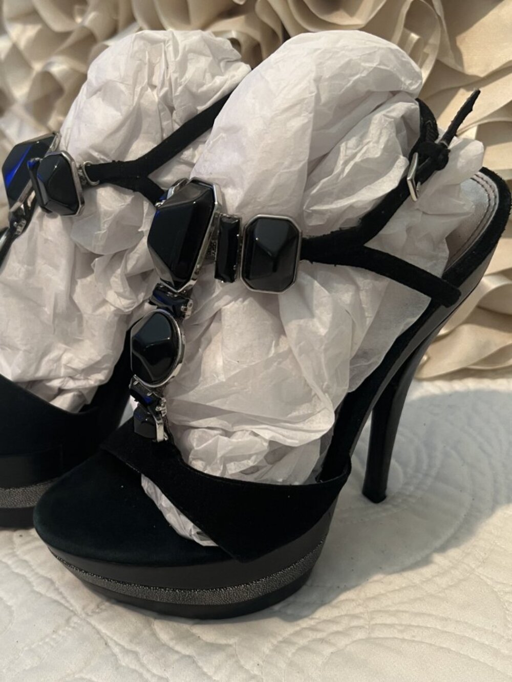 STEVE MADDEN Black, Jeweled Strappy Platforms